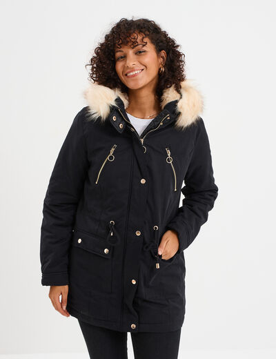 Parka cintrée à capuche fourrée amovible noir femme
