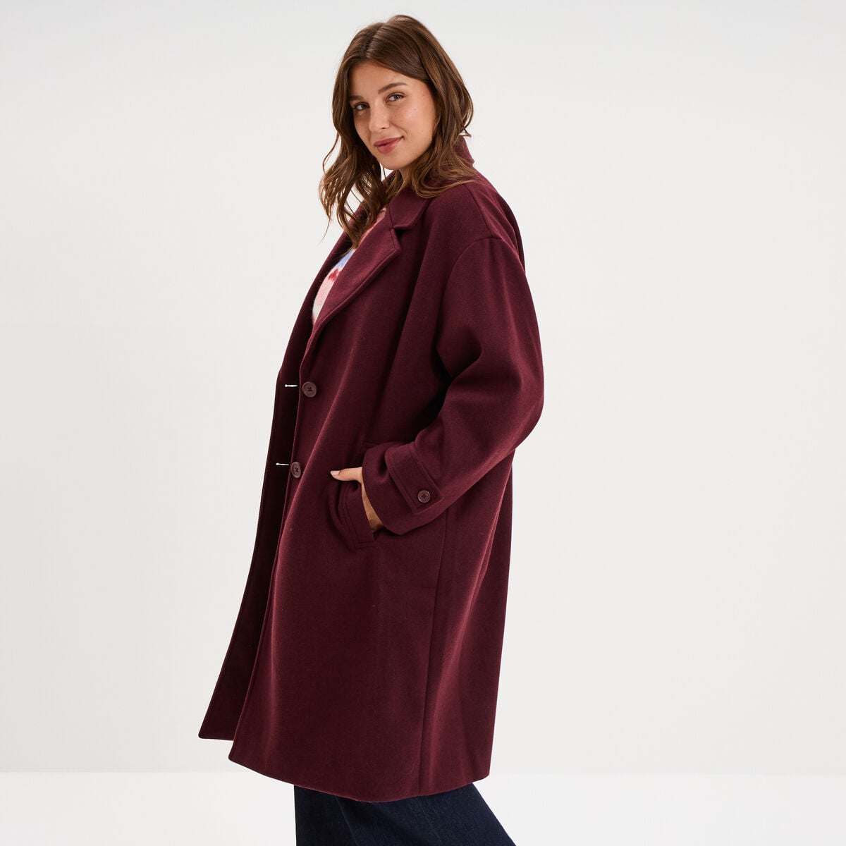 Manteau midi oversize boutonn&eacute; violet fonc&eacute; femme grande taille
