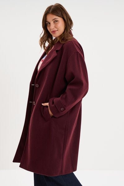 Manteau midi oversize boutonn&eacute; violet fonc&eacute; femme grande taille