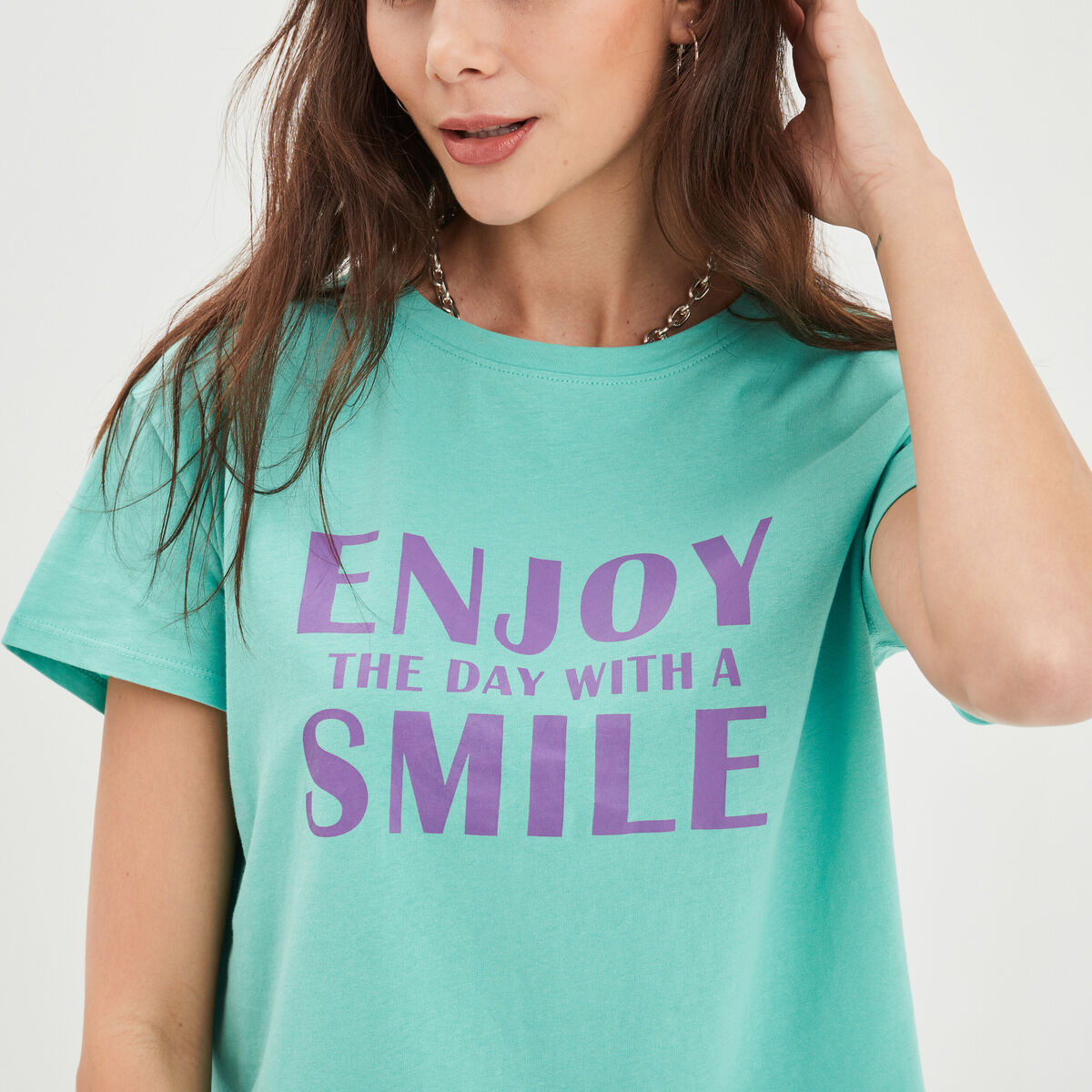 T-shirt col rond manches courtes coton vert menthe femme