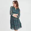 Robe évasée bas plissé manches 3/4 vert foncé femme