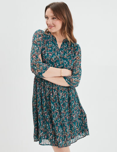 Robe évasée bas plissé manches 3/4 vert foncé femme