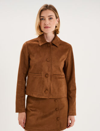 Veste paletot en su&eacute;dine boutonn&eacute;e camel femme