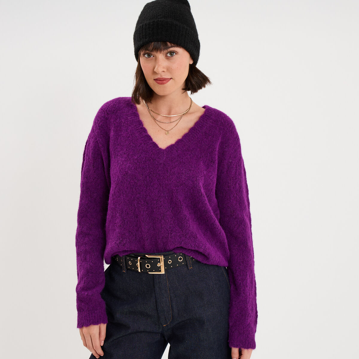 Pull col V ajour&eacute; manches longues violet fonc&eacute; femme