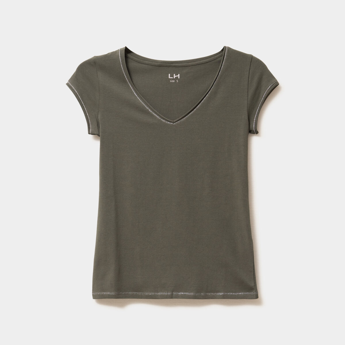T-shirt col V ajust&eacute; manches courtes vert kaki femme