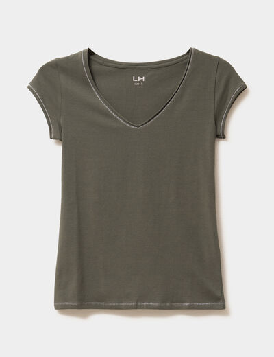 T-shirt col V ajust&eacute; manches courtes vert kaki femme