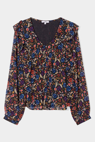 Blouse col en V à volants multicolore femme