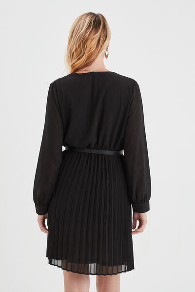 Robe ceinturée bas plissé noir femme