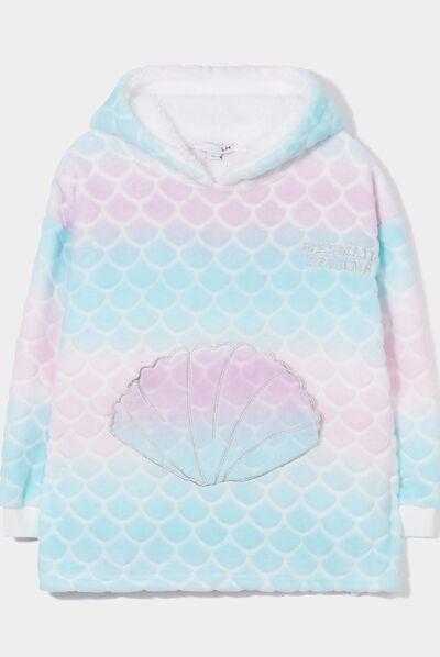 Haut poncho plaid à capuche pilou violet fille