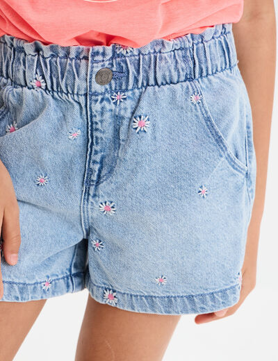 Short en jean brodé coton denim triple stone fille