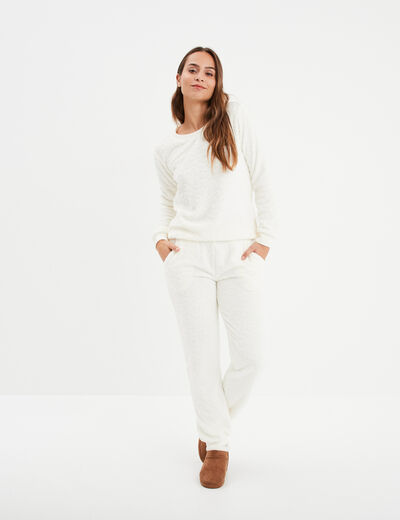 Ensemble pyjama effet polaire col rond blanc femme