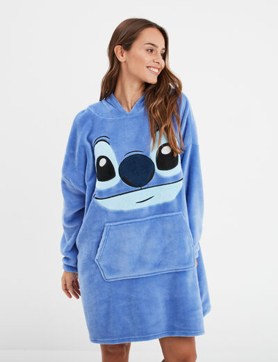 Poncho plaid &agrave; capuche Stitch bleu femme