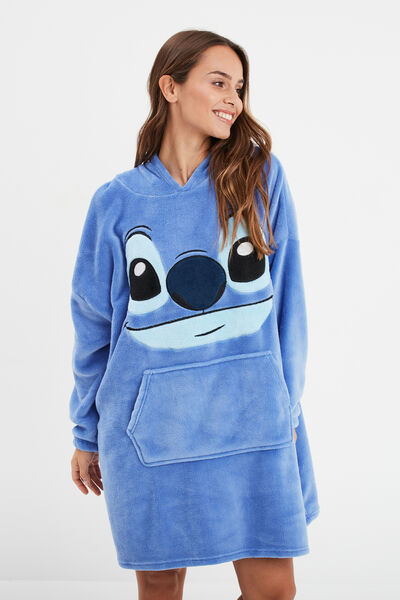 Poncho plaid &agrave; capuche Stitch bleu femme