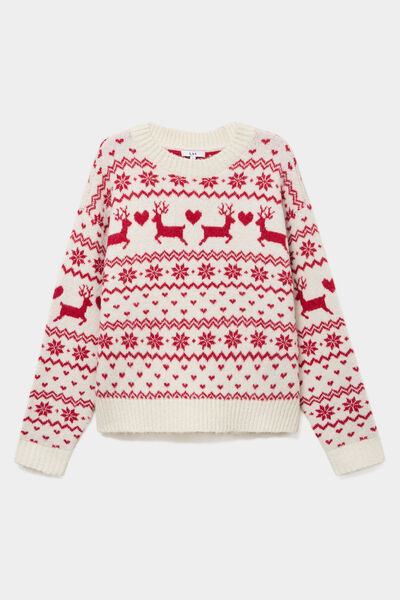 Pull de No&euml;l manches longues ecru femme