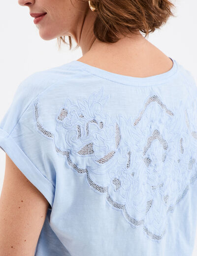 T-shirt dos dentelle brodée coton bleu ciel femme