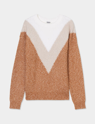 Pull manches longues col rond beige femme