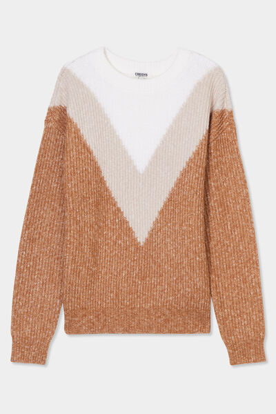 Pull manches longues col rond beige femme