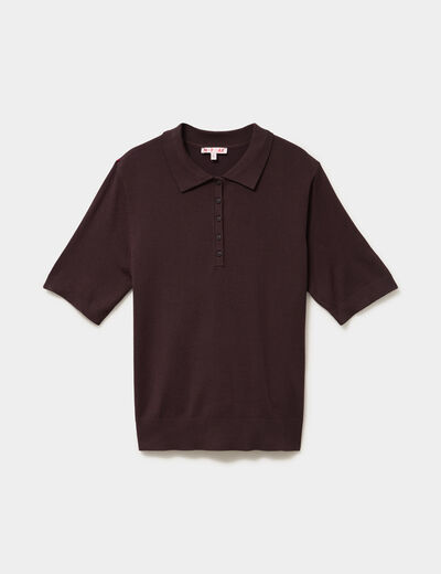 Pull col polo manches courtes marron fonc&eacute; femme