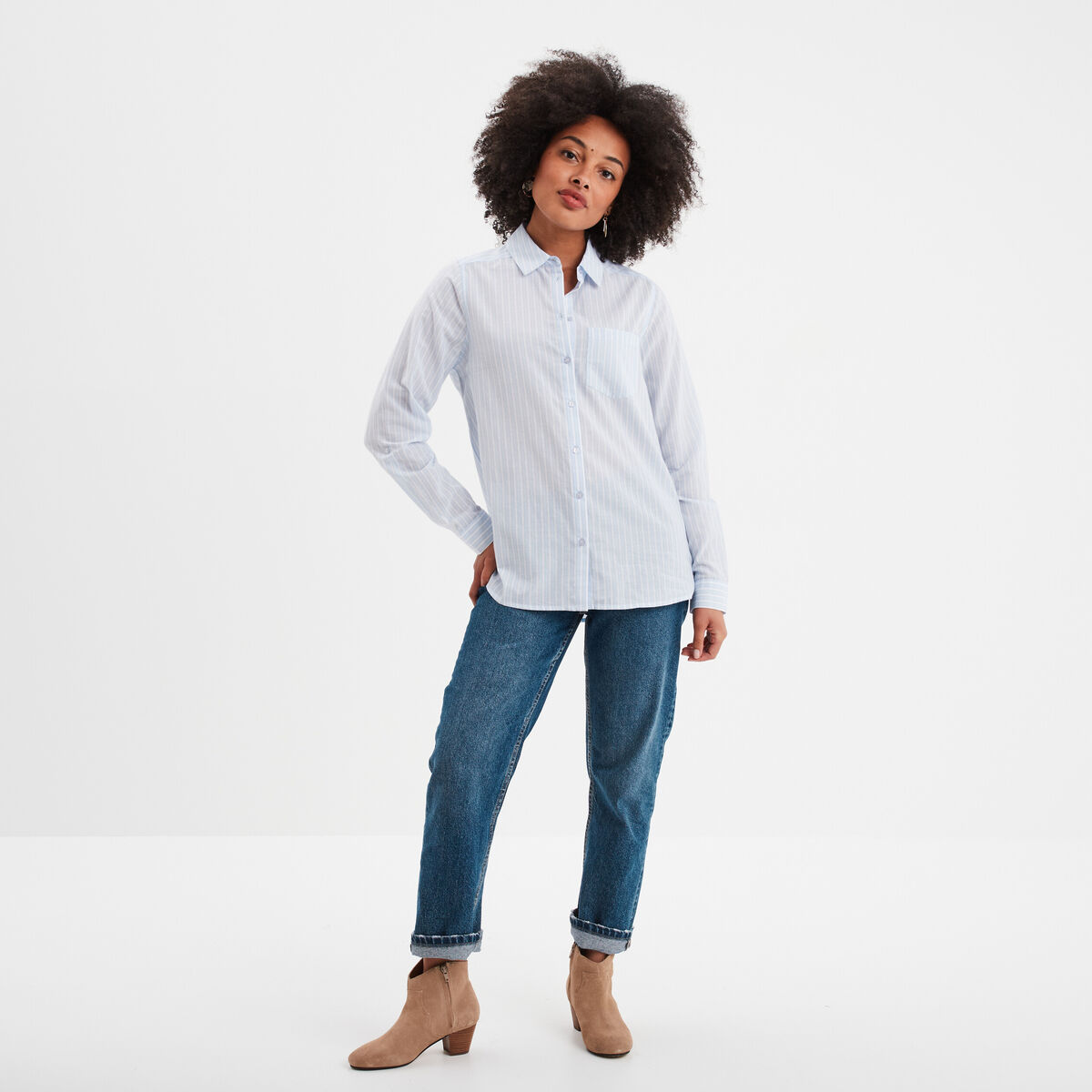 Chemise manches ajustables 1 poche coton bleu ciel femme
