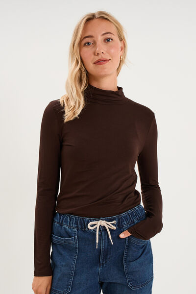 T-shirt manches longues col roul&eacute; marron fonc&eacute; femme