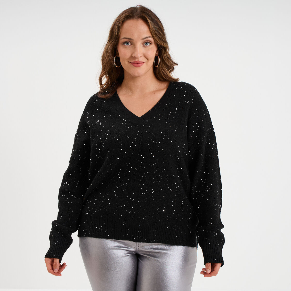 Pull droit col en V avec sequins noir femme grande taille