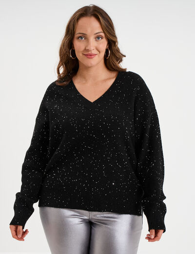 Pull droit col en V avec sequins noir femme grande taille