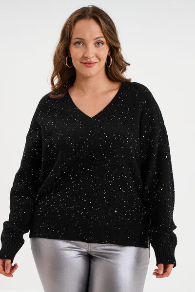 Pull droit col en V avec sequins noir femme grande taille