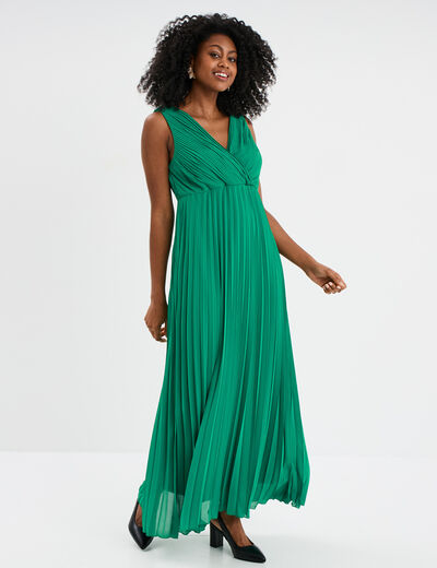 Robe longue plissée sans manches col V vert émeraude femme
