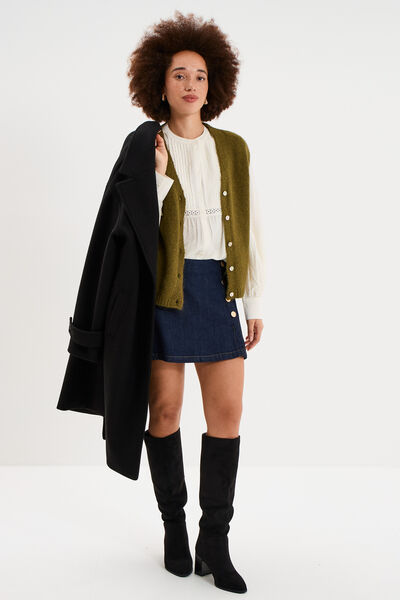 Blouse manches longues galons et fronces ecru femme