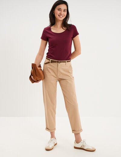 Pantalon chino regular ceinture tress&eacute;e sable femme