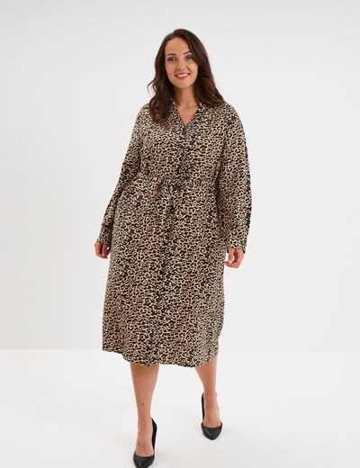 Robe chemise longue ceintur&eacute;e beige femme grande taille