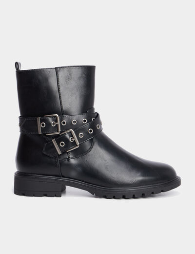 Bottines à semelle crantée talons plats noir femme