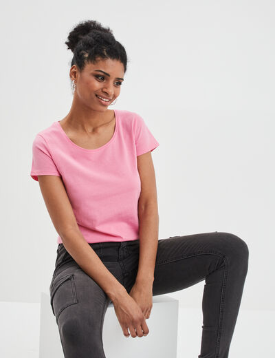 T-shirt coton col rond manches courtes rose femme