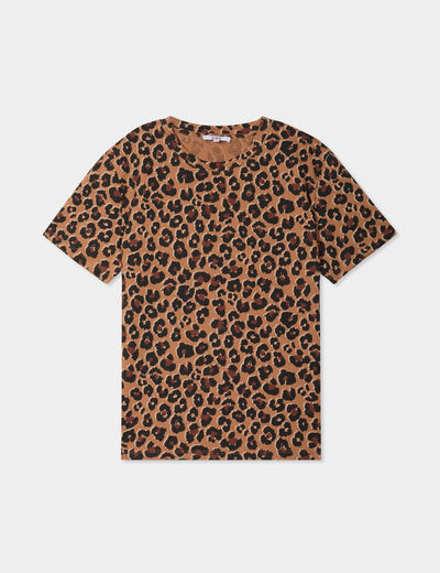 T-shirt coton col rond manches courtes camel femme
