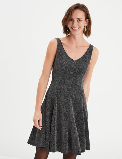 Robe patineuse fils métallisés col en V gris argent femme