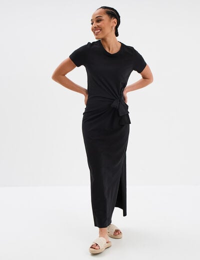 Robe midi taille effet noué coton noir femme