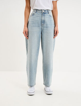 Jean balloon taille haute cropped coton bleu gris femme