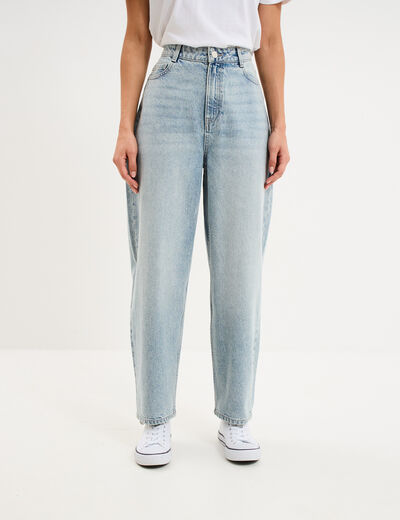 Jean balloon taille haute cropped coton bleu gris femme