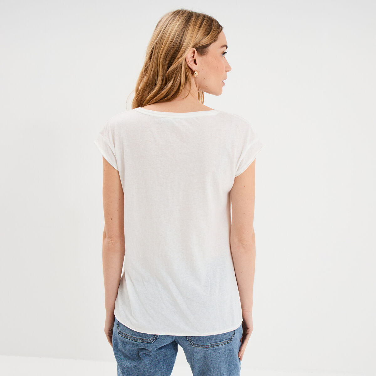 T-shirt col v poche poitrine blanc femme