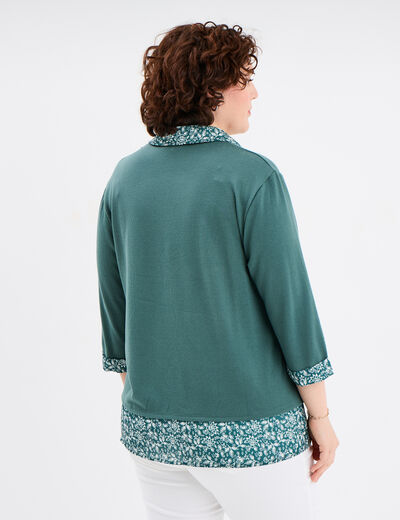 Pull 2-en-1 col chemise manches 3/4 vert foncé femme grande taille