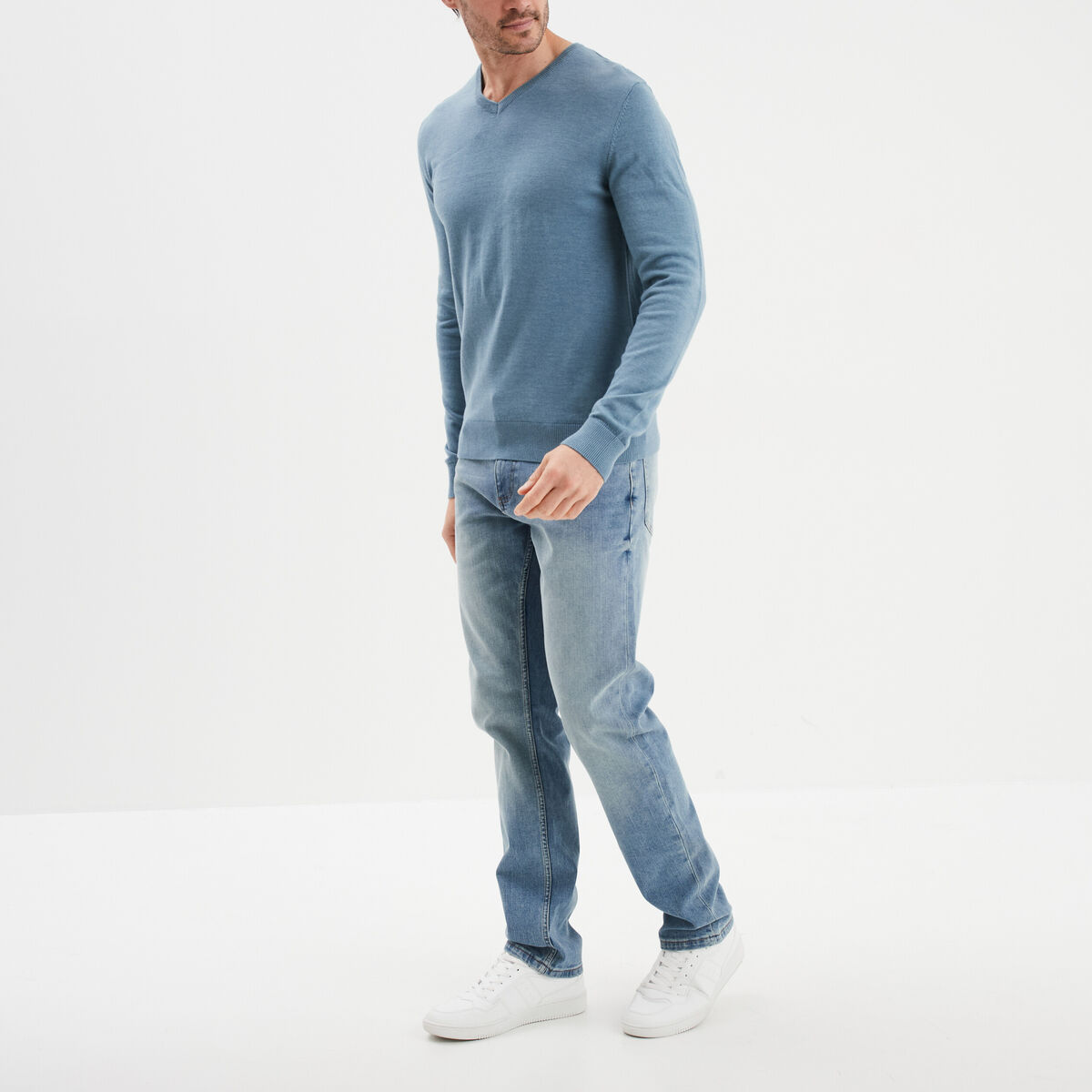 Pull jersey avec col en V gris homme