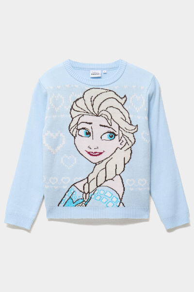 Pull col rond La reine des neiges bleu fille