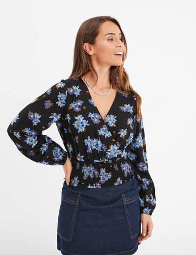 Blouse cache-coeur taille smockée noir femme