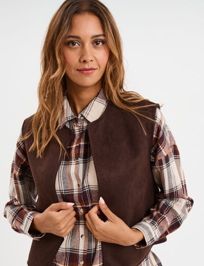 Gilet r&eacute;versible polaire sans manches marron fonc&eacute; femme