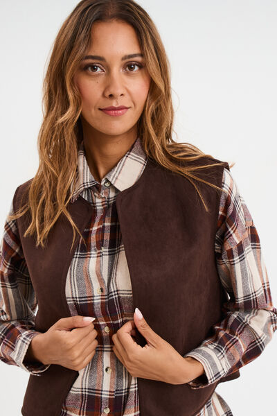 Gilet r&eacute;versible polaire sans manches marron fonc&eacute; femme