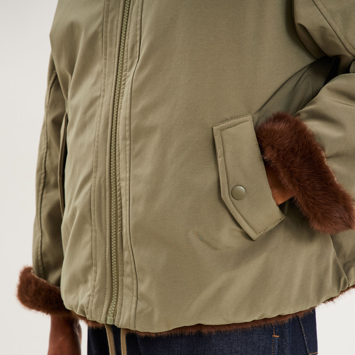 Parka r&eacute;versible capuche fausse fourrure vert kaki femme