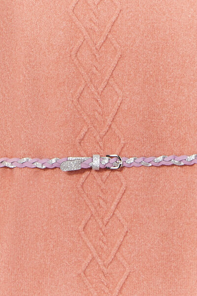 Robe pull avec torsades et ceinture rose fille