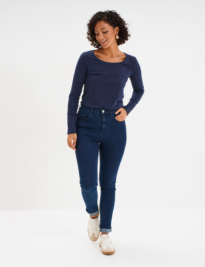 T-shirt coton col rond manches longues bleu marine femme