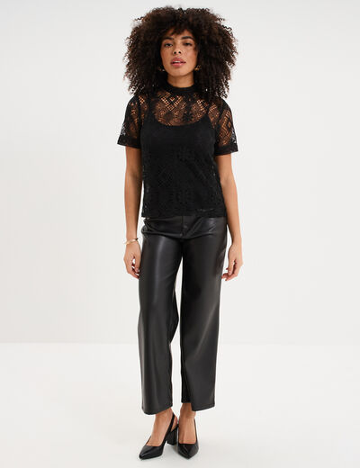 T-shirt dentelle manches courtes noir femme
