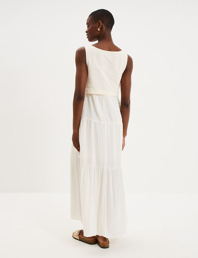 Robe longue buste brod&eacute; sans manches ecru femme